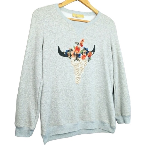 Western Style Floral Cow Skull Boho Sweatshirt Women’s Size Small - Picture 3 of 6